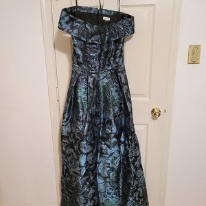 Dark blue/green floral off-shoulder ball gown